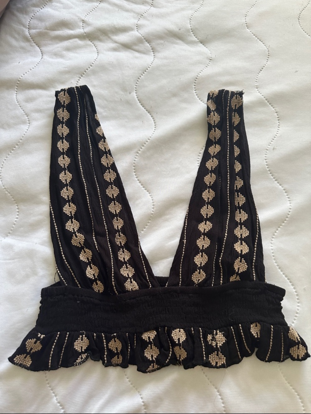 Black Embroidered V-Neck Crop Top